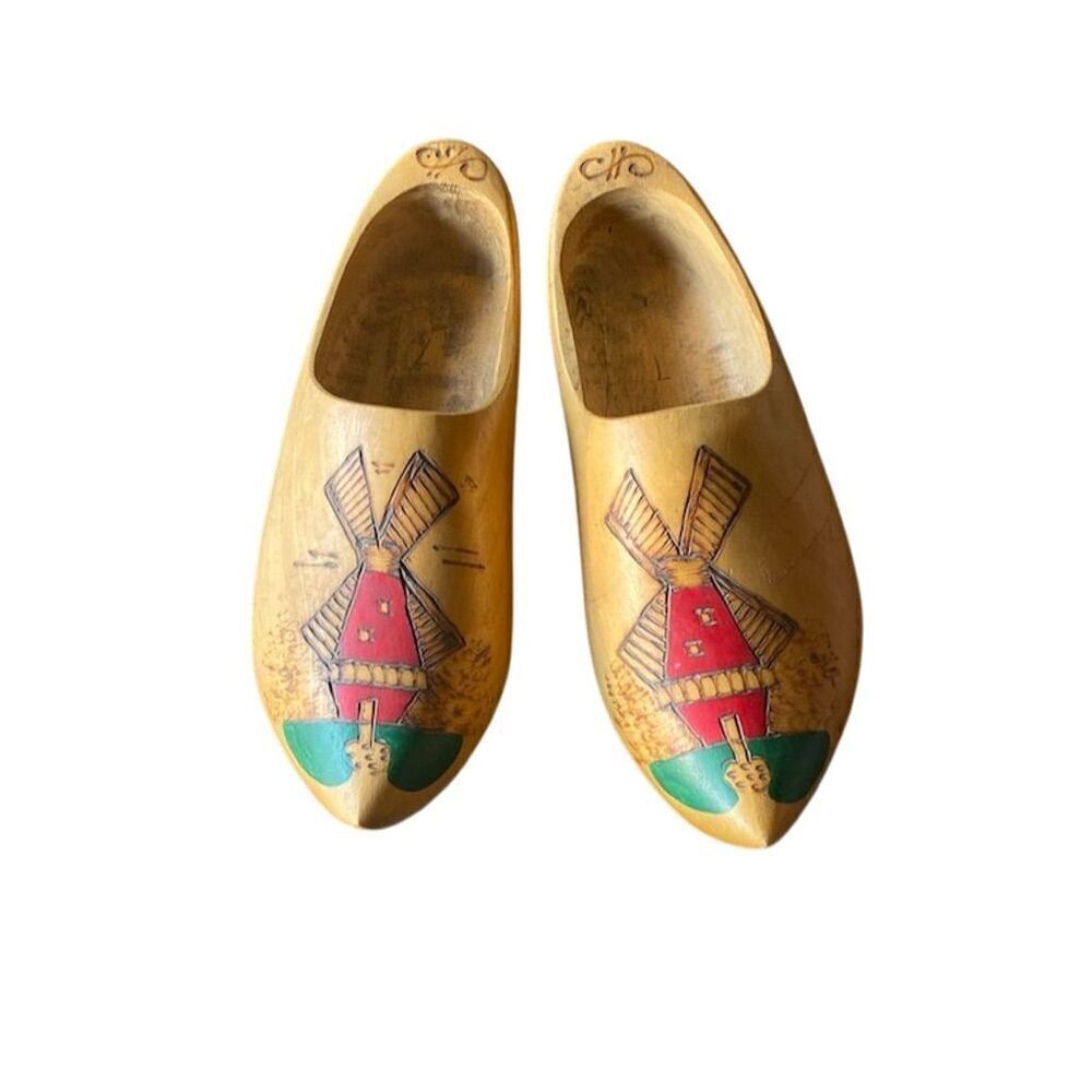 Vintage Hand Carved Dutch Clogs with Windmill Design from Holland